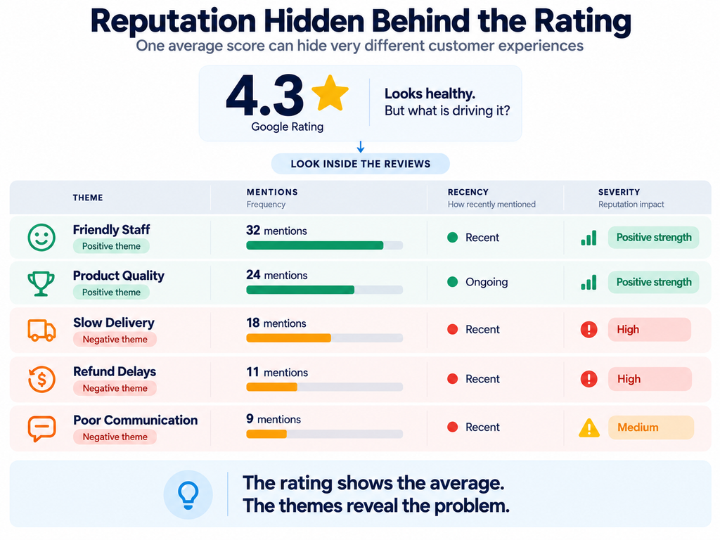 Google reviews reputation analysis showing how a 4.3 rating can hide positive themes and recurring issues such as delivery and refund delays.

