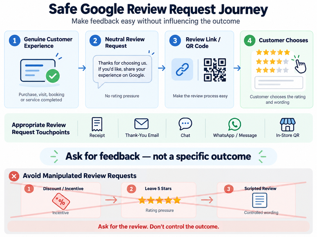 Google review strategy showing a neutral review request, direct review link or QR code and customer-controlled rating and feedback.