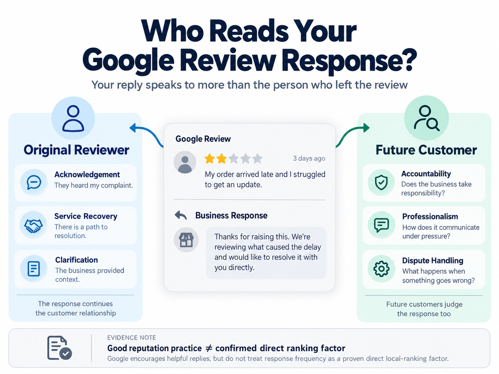 Google review response strategy showing how public replies influence both the original reviewer and future customers researching the business.

