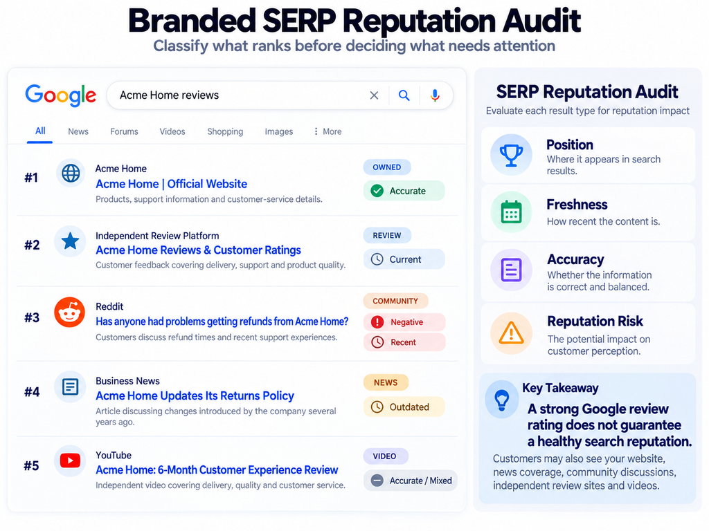 Google Search reputation management audit of branded results from an official site, review platform, Reddit, news and YouTube.

