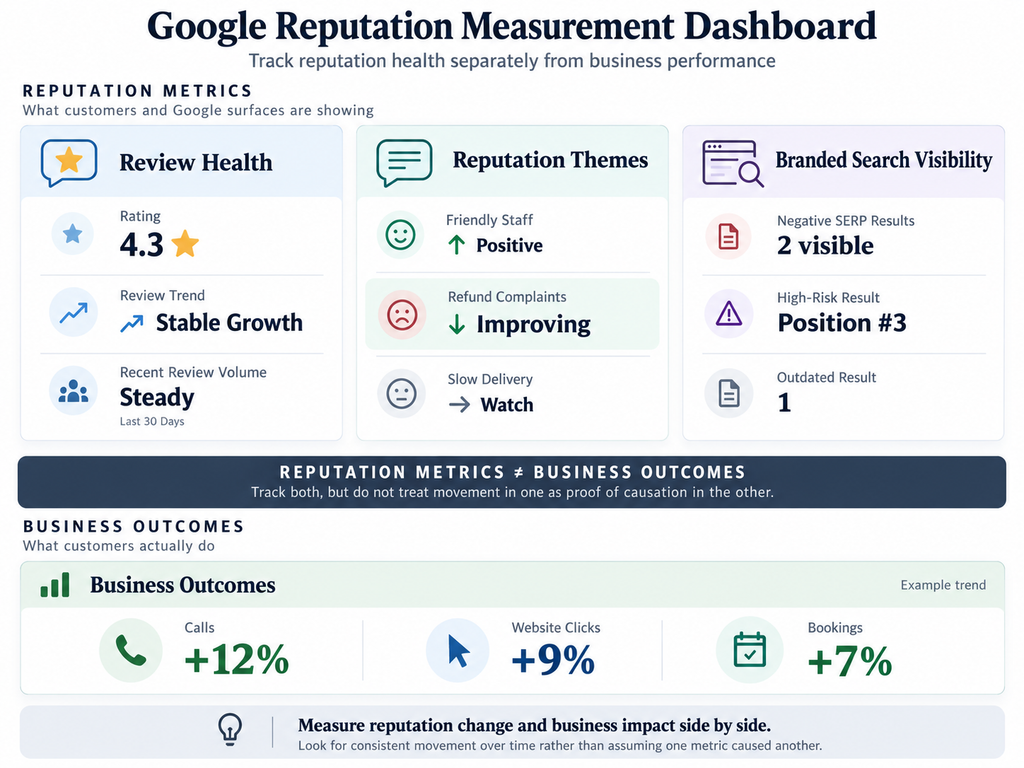 Google reputation monitoring dashboard separating review health, reputation themes and branded search visibility from calls, clicks and bookings.

