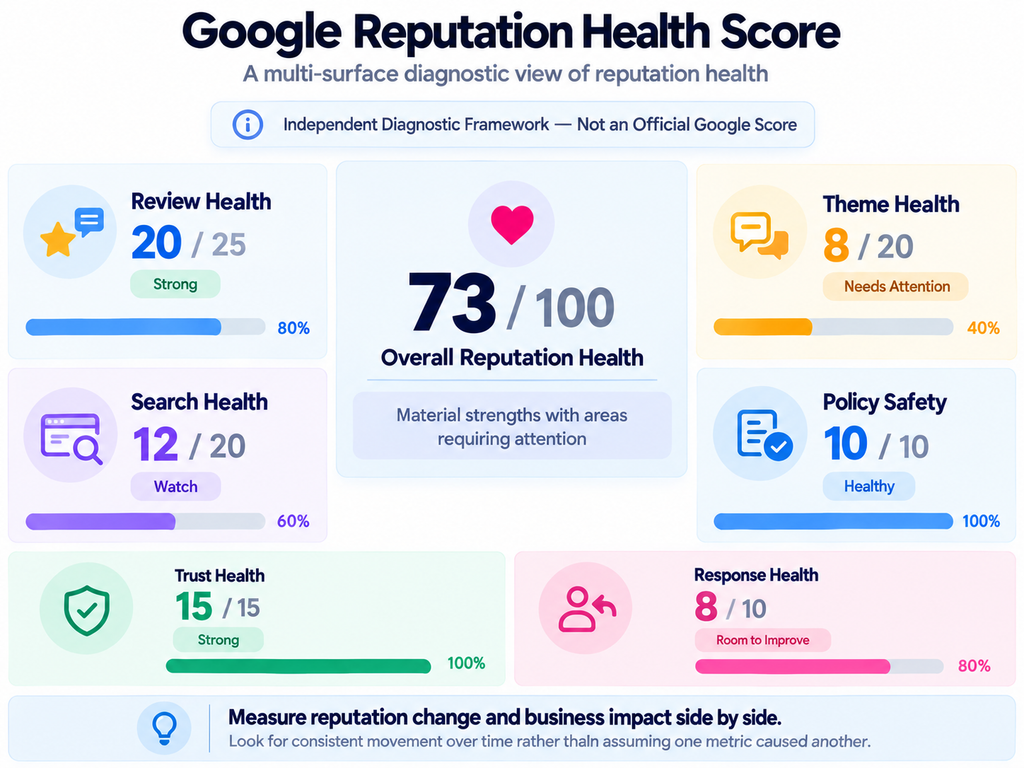 Google reputation audit framework scoring review health, themes, branded search, trust, policy safety and response health across six diagnostic areas.

