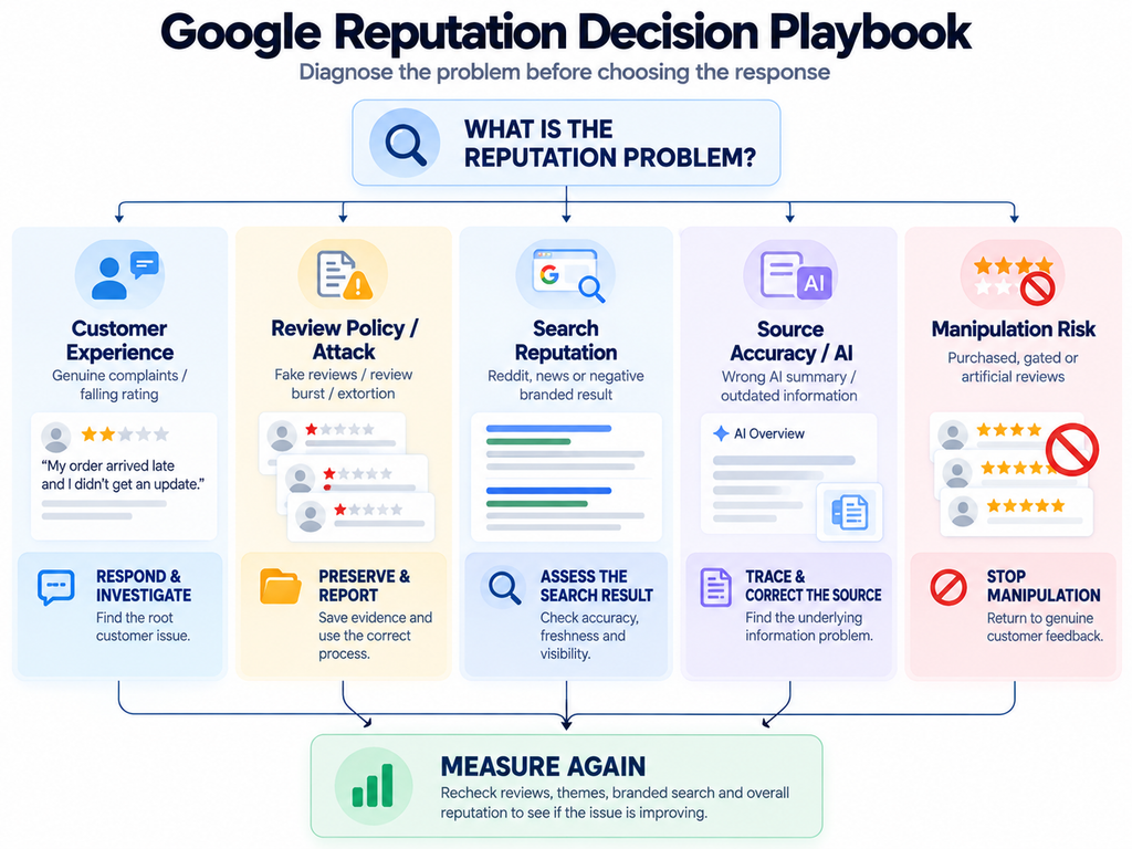 Google reputation strategy for choosing the first action based on customer complaints, review attacks, branded search, AI accuracy or manipulation risk.